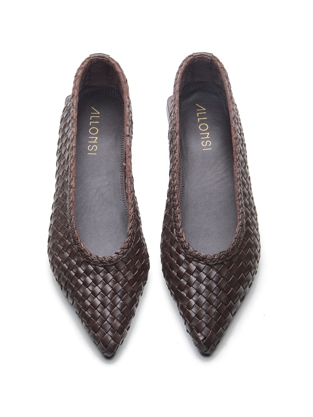 Allonsi Yara Women's Leather Weave Pointed Ballerinas- Brown size 8